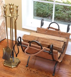 Brass Fireplace Tool Set With Stand & Wrought Iron Log Holder