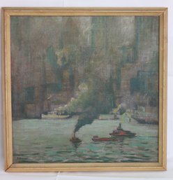 Charles Vezin Oil Painting View Of Manhattan With Tugboats And River