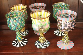 Set Of 6 Mackenzie Childs, Charming Floral Painted Wine Glasses 7 T