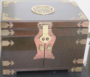 Vintage Chinese Jewelry Chest With Ornate Brass Accents