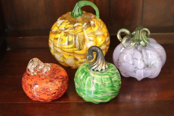 Four Hand Blown Art Glass Pumpkins, Decorated With Colorful Swirls.