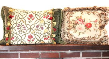 Vintage Aubusson Pillow With Velvet & Fringes & Floral Pillow On Velvet
