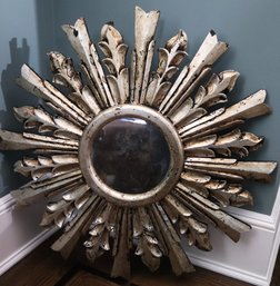 Antiqued Finished Sun Starburst Style Accent Mirror Made From Wood Measures Approx 32-Inch Diameter
