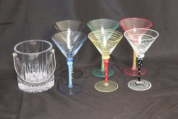 Set Of 6 Funky Painted Martini Glasses & Heavy Glass Ice Bucket.