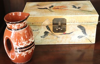 An Antique Hand Painted Leather Box With Japanese Cranes And Glazed Brown Jug.