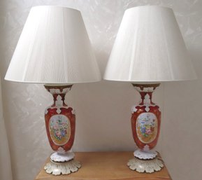 Pair Of Antique Cut To Clear Red Glass Vase Lamps With Hand  Painted Floral Panels.