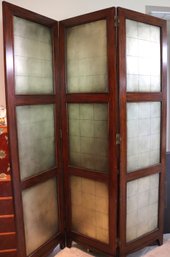 Monumental 3 Panel Mahogany Screen With Gilt Wood Square Grid Design.