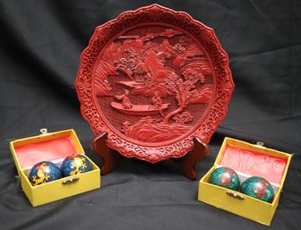 Chinese Carved Cinnabar Decorative Plate And 2 Sets Of Chinese Medicine Balls With Boxes