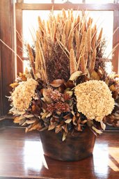 Large Floral Arrangement With Natural Autumnal Dried Flowers In Copper Colored Tin