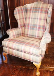 Ethan Allen Wing Chair & Ottoman With Ball & Claw Feet & Plaid Fabric In Shades Of Pink & Blue