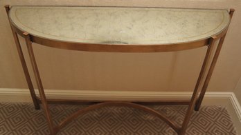 Demilune Console With Antiqued Style Mirrored Glass On A Wrought Metal Base