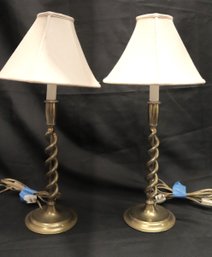 Pair Of Vintage Brass Barley Twist Designed Table Lamps With Shades