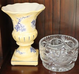 A Heavy, Etched Crystal Bowl With Flowers And Swags, And Yellow And Blue Urn.