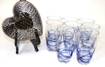 Set Of 8 Stylish Water Glasses With A Blue Swirl Design & Heart Shaped Candy Bowl