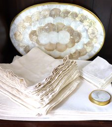 Lot Of Vintage Placemats And Napkins With Oval, Two-tone, Capiz Shell, And Linen.