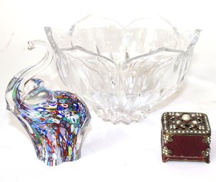 Multicolored Blown Art Glass Elephant Trinket Box & Bowl