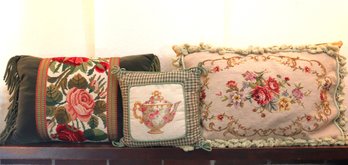 Lot Of Three Decorative Pillows, All With Needlepoint On Velvet And Some Fringes