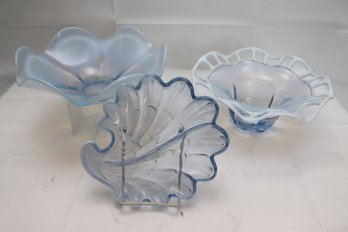 Lot Of 3 Opalescent Blue Glass Pieces With 2 Bowls & Shell Dish