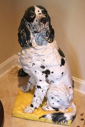 Large Ceramic Spotted Spaniel On Ceramic Yellow Pillow.