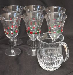 Set Of 6 Hand Blown Wine Glasses & Glass Pitcher.