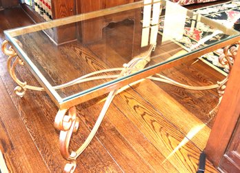 Elegant Contemporary Gilt Metal Scroll Work Coffee Table With Glass Top