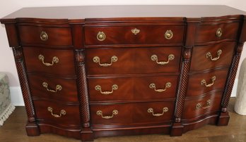 Drexel Wood Dresser With Ornate Drawer Pulls In Overall Great Condition, Center Opens For Media Storage