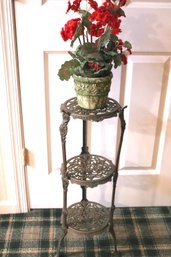 Victorian Style 3 Tier Brass Plant Stand With Faux Potted Geranium.