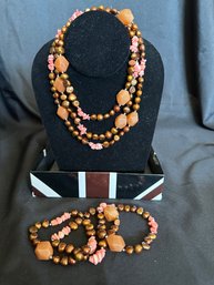 Very Pretty Faux Pearl Copper, Beads Orange And Pink Shell Necklace With 3 Stretch Bracelets
