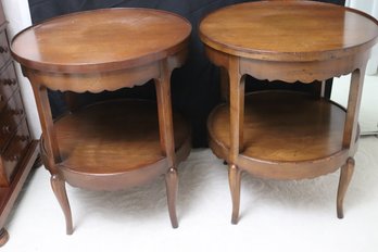 Pair French Country Style Round Walnut, Two-tier Side Tables With  Drawer.