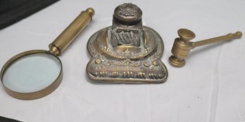 Antique Embossed Brass/glass Inkwell Patnd 1899 And Brass Magnification Lens With Mini Gavel