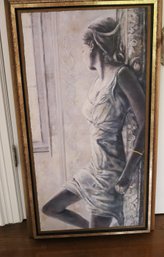 John Richard Reproduction Print Of Lady On Board Double Framed In Wood Molding With Antiqued Silver Finish