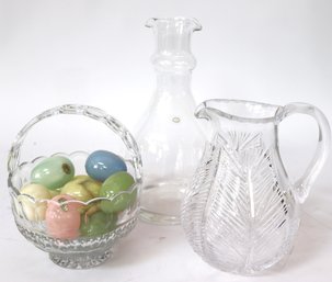 Glass Basket Filled With Hand Carved Genuine Alabaster Polished Eggs, Wonewock  2002 Decanter & Water Pitcher