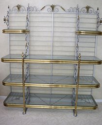 Beautiful Large Bakers Rack In Silver Painted Metal With Wide Brass,  Trim.