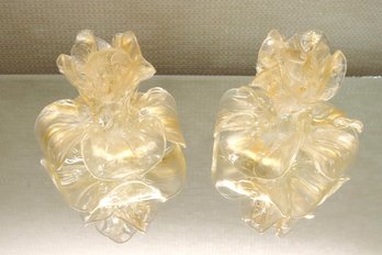 Vintage Murano Glass Gold Flecked Hand-blown Flower Candle Holders.