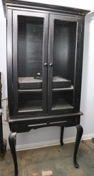 Tall Graceful Black Painted Wood Entertainment Cabinet With Double Hinge Chicken Wire Doors