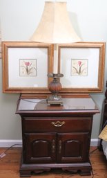 Thomasville Nightstand With Protective Glass Top, Includes Table Lamp & Framed Print