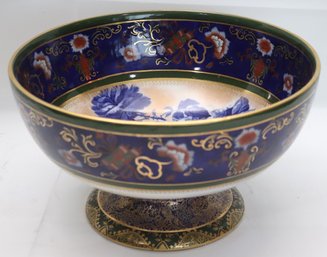 Large Antique Royal Doulton Footed Bowl With Blue Roses & Gold & Green Border