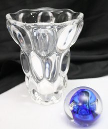 Pretty Bubble Crystal Vase And Blue Glass Paperweight Signed By Karg