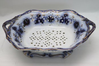 Antique English Porcelain Strainer Bowl With Blue And Gold