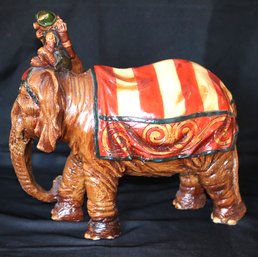 Large Vintage Resin Elephant Figurine With Draped Circus Cloth & Monkey On Back