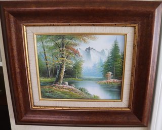 Small Landscape Painting On Board In Wide Wooden Frame.