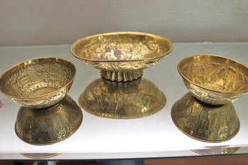 Embossed Brass Oval Bowl With 2 Smaller Bowls.