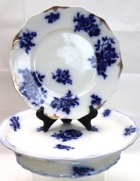 Antique Blue & White Porcelain Pedestal Platter & Decorative Plate