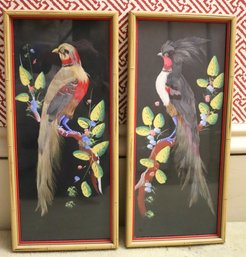 Pair Of Framed Hand Painted Exotic Birds Of Paradise With Real Feather Accents In Bamboo Style Frames