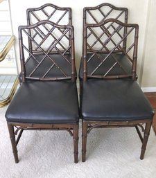 Set Of 4 Chinese Chippendale Style, Faux Bamboo Dark Wood Side  Chairs.