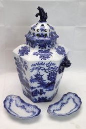 Antique Blue & White Ginger Jar With Pierced Lid And Hand Painted Pagodas