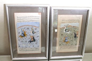 Two Antique Persian Illuminated Pages With Hand Painted Scenes, In Silver Frames