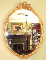French Style Oval Acorn Gilded Wood Mirror With Ornate Crown & Beveled Edge