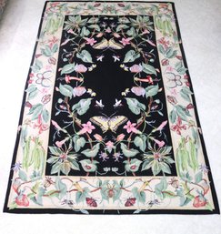 Handmade Needlepoint Rug With Black Background, Featuring  Butterflies And Flowers.