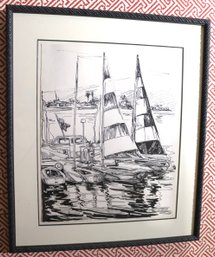 Framed Vintage Black And White Nautical Print Initialed In Lower Corner